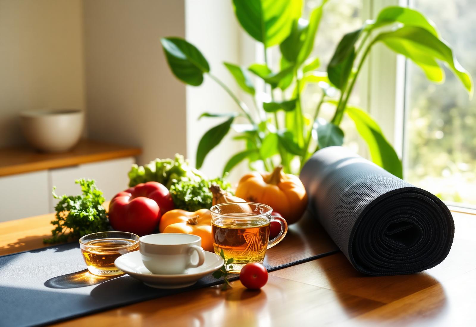 Fresh vegetables, herbal tea and a yoga mat on a sunlit table
